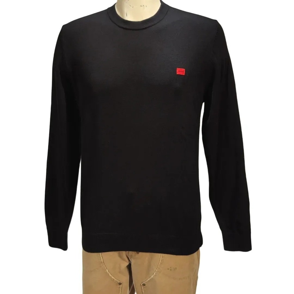 HUGO Boss Cassius Men's Black Cotton Crewneck Sweater Red Logo Sz L NWT $120